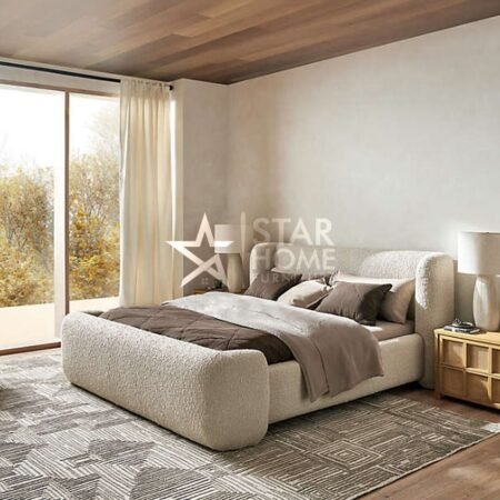 Salone Curved Upholstered Boucle Bed - Light Beige - SHF