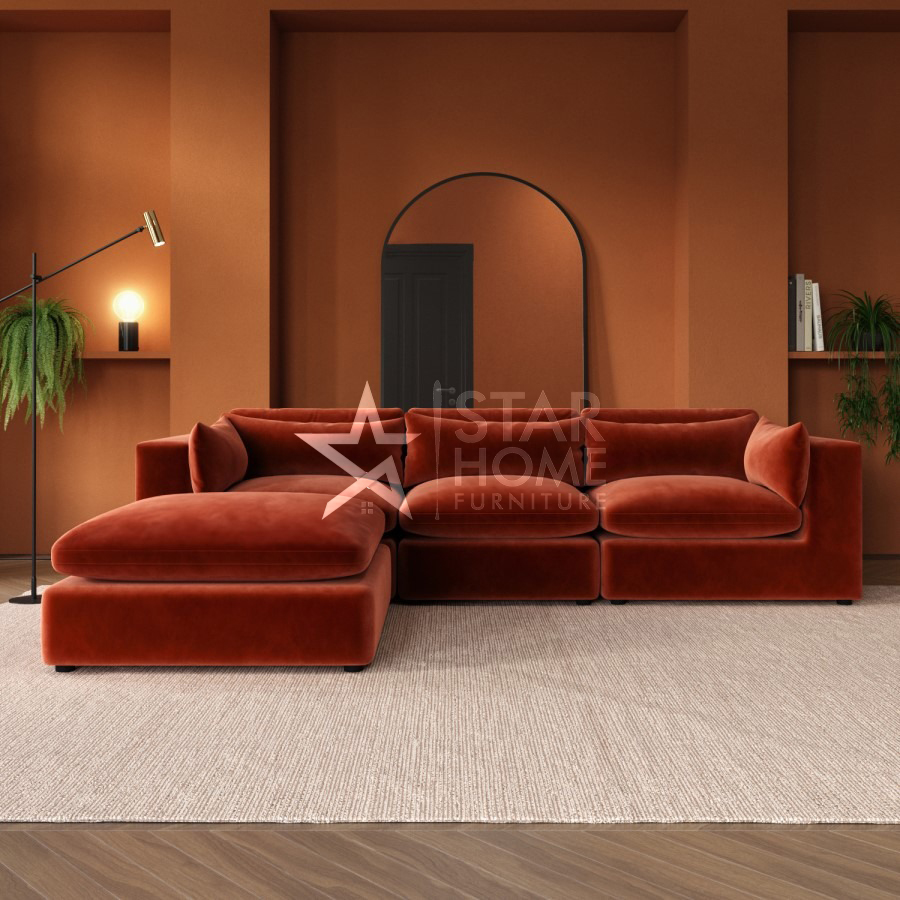 Hudson 4-Seater Large Chaise Corner Velvet Sofa - Burnt Orange - Star Home Furniture