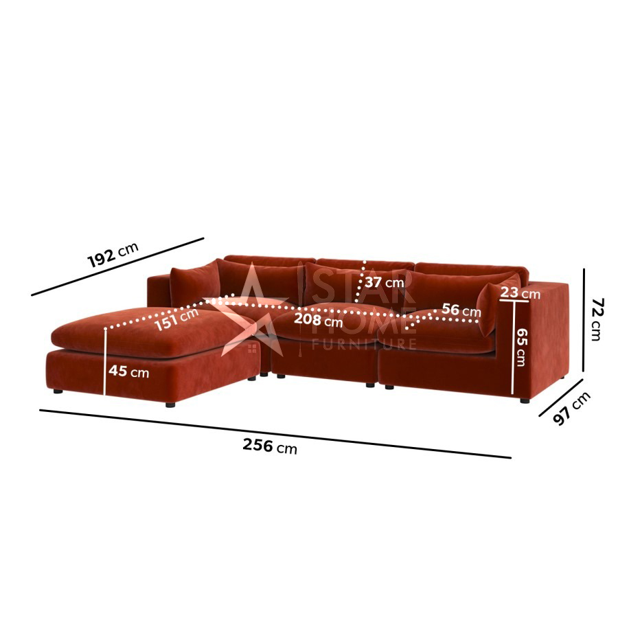 Hudson 4-Seater Large Chaise Corner Velvet Sofa - Burnt Orange - Star Home Furniture
