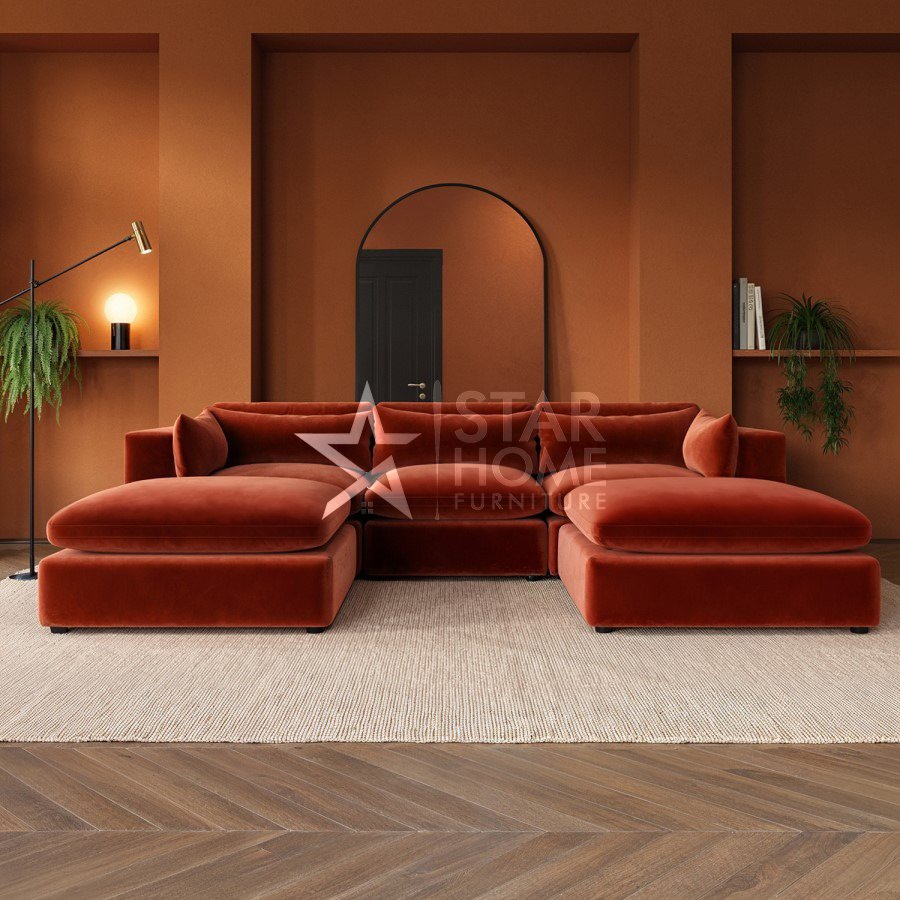 Hudson 4-Seater U-Shaped Velvet Sofa - Burnt Orange - Star Home Furniture