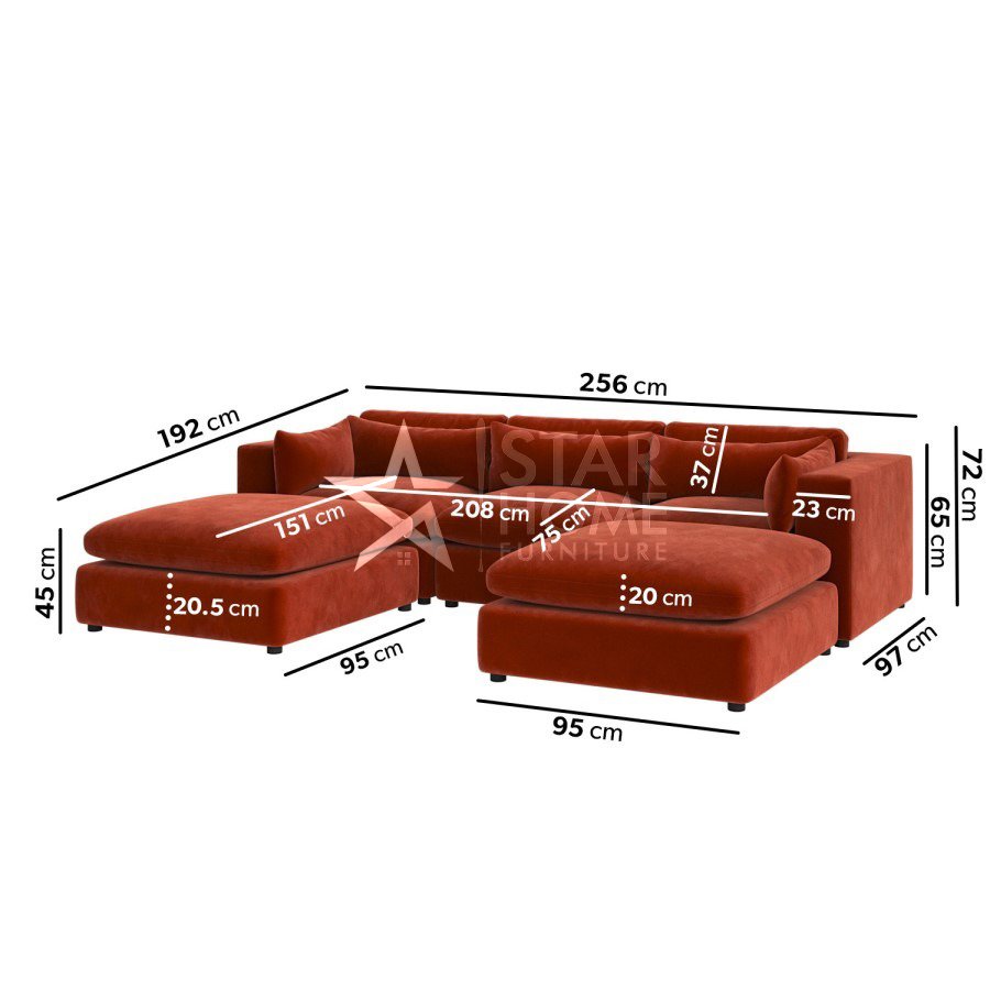 Hudson 4-Seater U-Shaped Velvet Sofa - Burnt Orange - Star Home Furniture