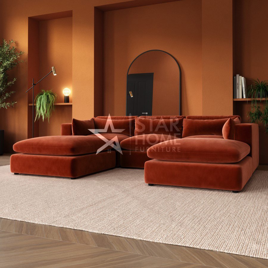 Hudson 4-Seater U-Shaped Velvet Sofa - Burnt Orange - Star Home Furniture