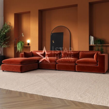 Hudson 5-Seater Large Chaise Corner Velvet Sofa - Burnt Orange - Star Home Furniture