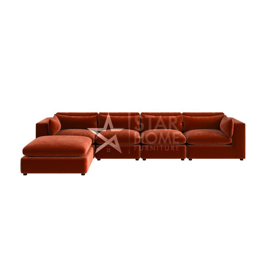Hudson 5-Seater Large Chaise Corner Velvet Sofa - Burnt Orange - Star Home Furniture