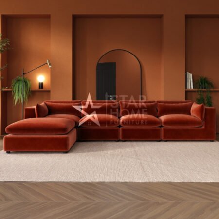 Hudson 5-Seater Large Chaise Corner Velvet Sofa - Burnt Orange - Star Home Furniture