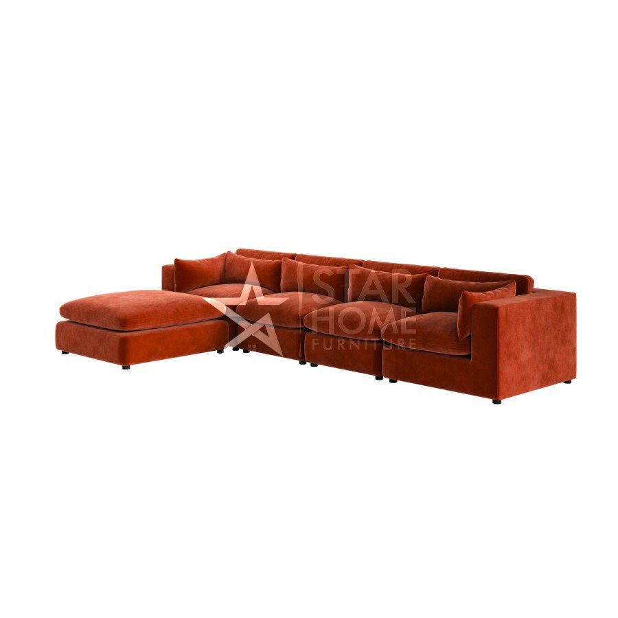 Hudson 5-Seater Large Chaise Corner Velvet Sofa - Burnt Orange - Star Home Furniture