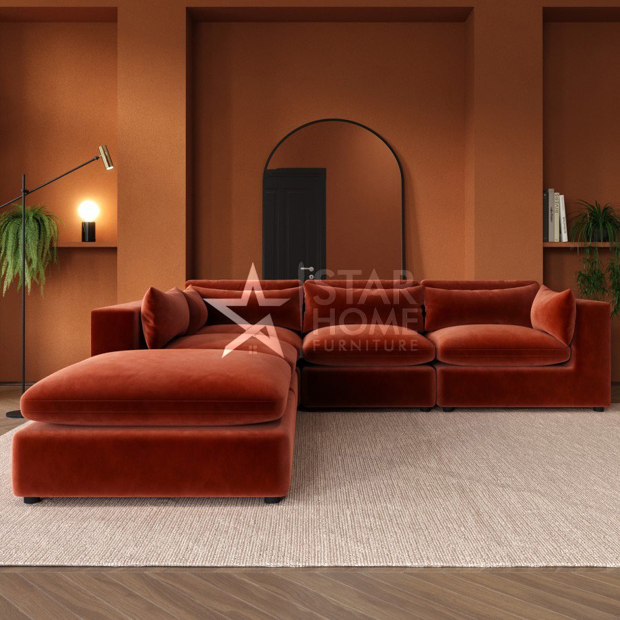 Hudson 5-Seater Large Corner Velvet Sofa - Burnt Orange - Star Home Furniture