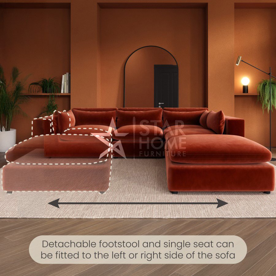Hudson 5-Seater Large Corner Velvet Sofa - Burnt Orange - Star Home Furniture