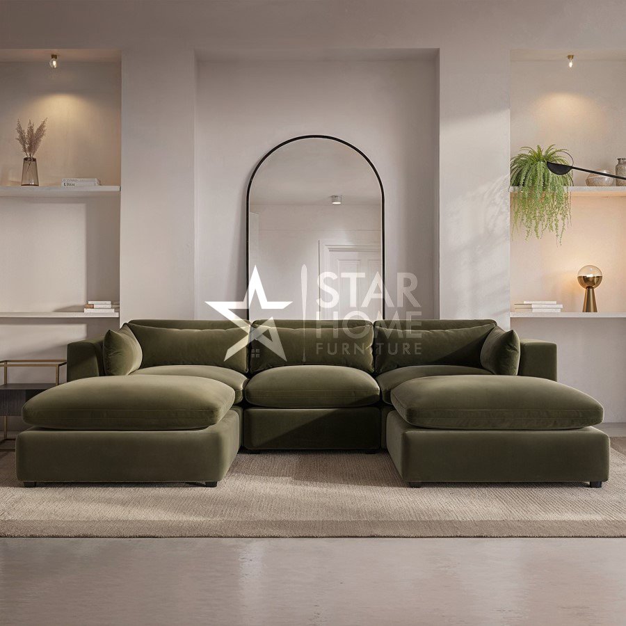 Hudson 4-Seater U-Shaped Velvet Sofa - Khaki Green - Star Home Furniture