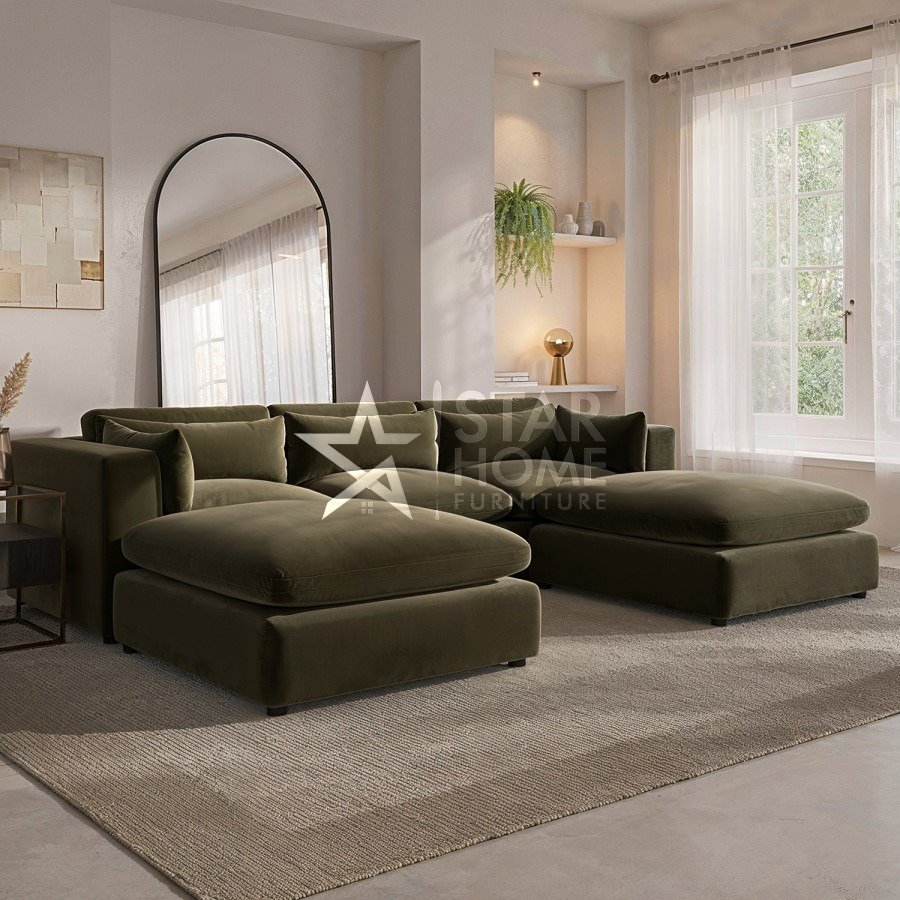 Hudson 4-Seater U-Shaped Velvet Sofa - Khaki Green - Star Home Furniture