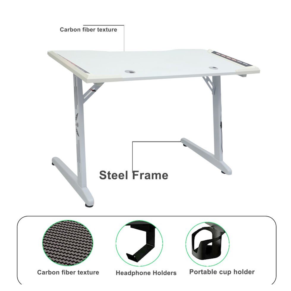 Leona LED Gaming Desk with Hook & Holder - White - SHF
